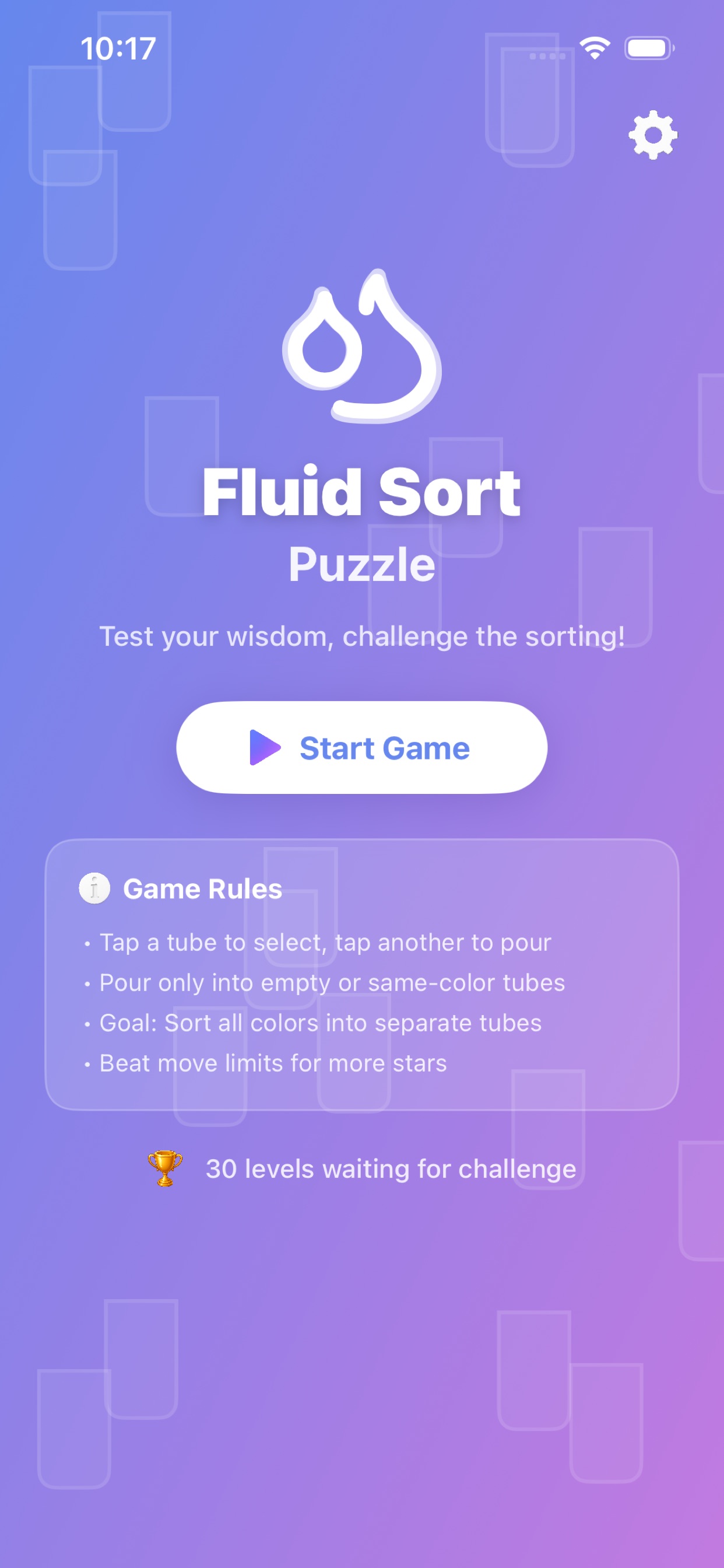 Fluid Sort Puzzle in-game level with colorful liquid tubes